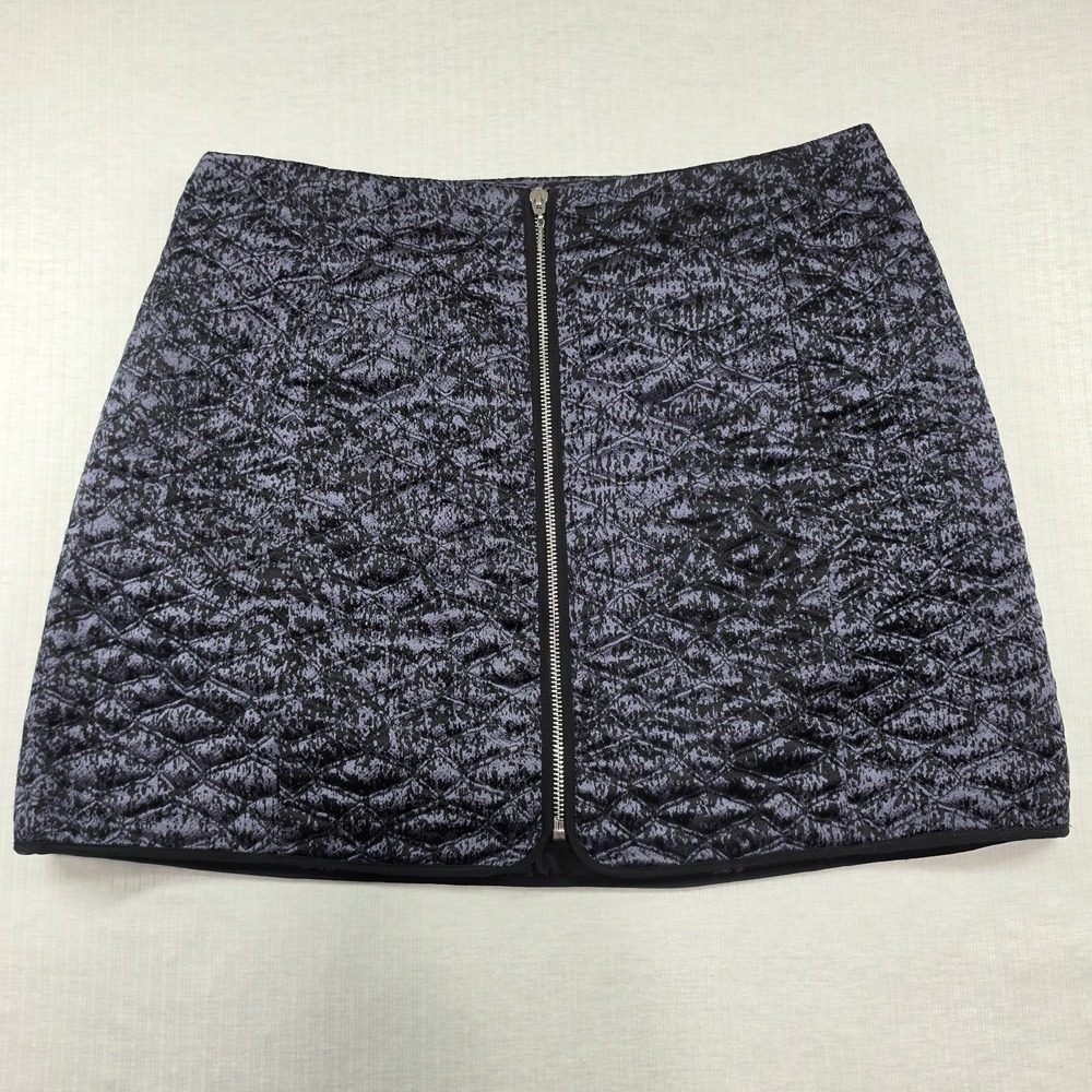 Rebecca Taylor Blue Black Quilted Silk Zip Front Mini Skirt Size 8 Goth Edgy Y2K